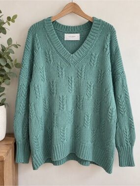 Lucky Brand Cable Knit Oversized V-Neck Sweater Side Slits Teal XL